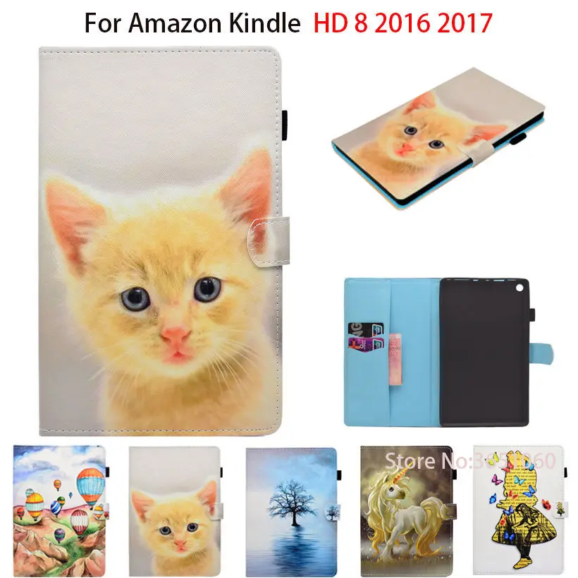 Окрашенный чехол для Amazon New Kindle Fire HD8 2017 7th Generation из искусственной кожи подставка