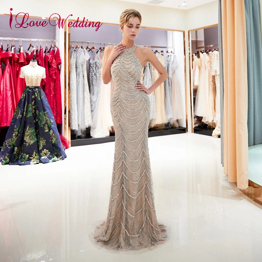 ILoveWedding с лямкой на шее вечернее платье Шампань торжественное пол Длина без