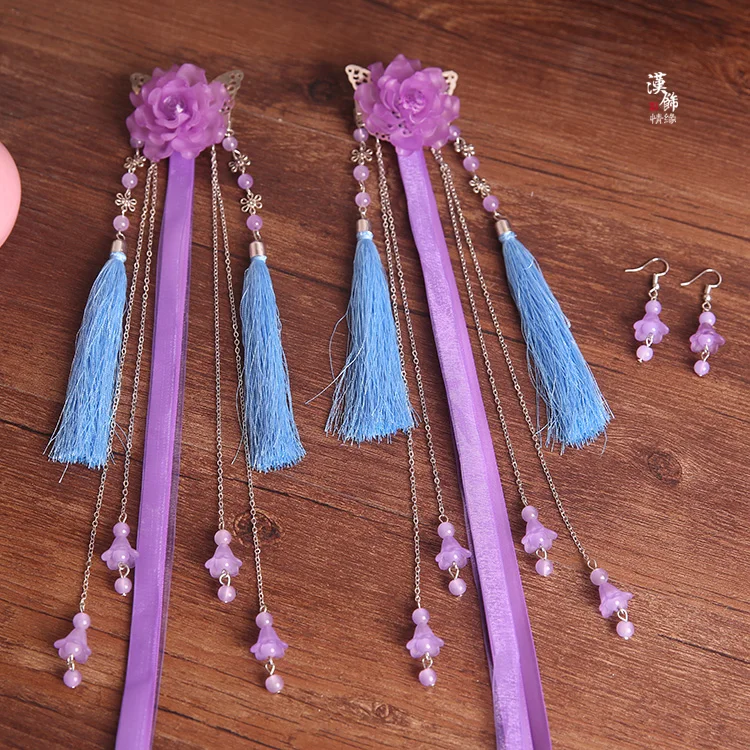 Purple pair Костюм Hanfu волос аксессуары-кисточки стример Шпилька заколка античный в ретро стиле аксессуары COS исполнения шелковая повязка на голову - Цвет: Purple pair