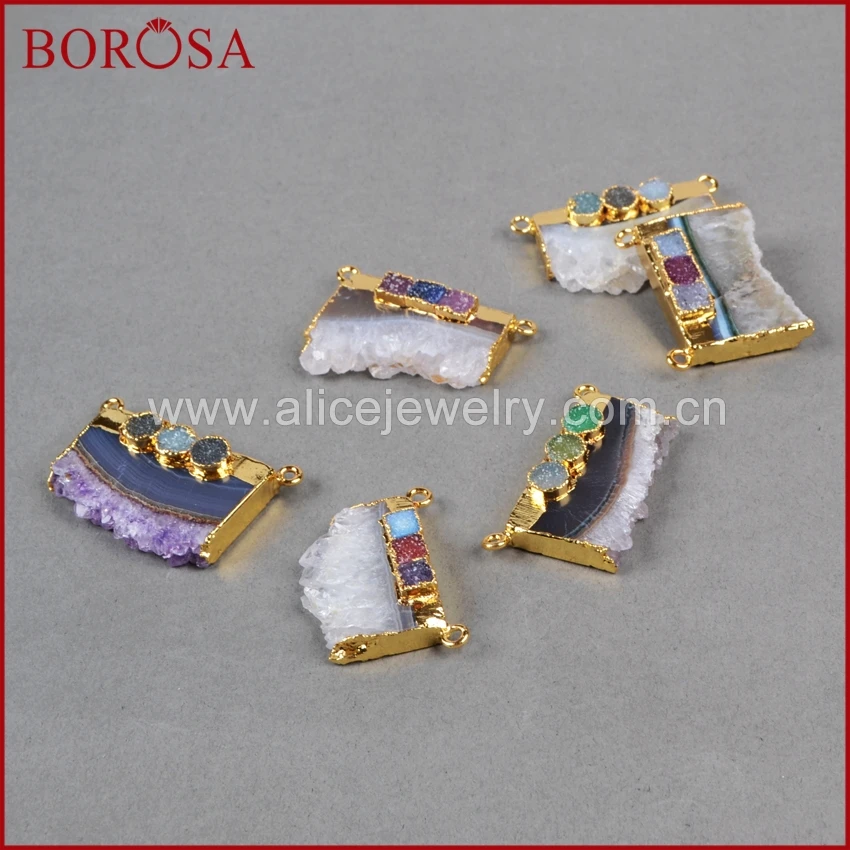 BOROSA 1 шт. золотой цвет друза аметиста ломтик и три радужные друзы Geode Разъем Кулон