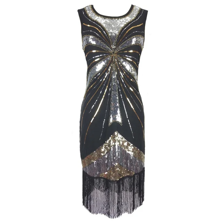 black plus silver Roaring 1920s платье Грейт Гэтсби с круглым вырезом без рукавов, расшитое бисером и блестками, вечерние платья с кисточками, классическое маленькое черное платье, костюмы с хлопушкой - Цвет: black plus silver