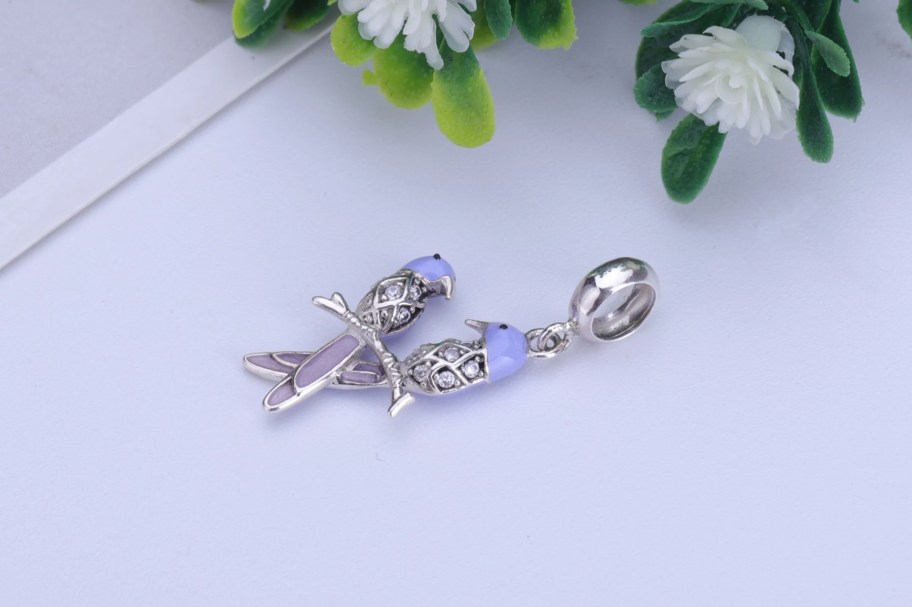 Серебряные бусины 925 пробы Подвески Пара птица подвеска подходит Pandora амулеты Серебро 925 с кристаллом