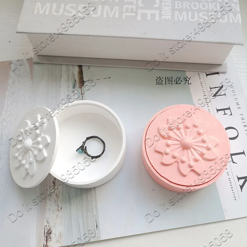Round Jewelry Box Plaster Gypsum Silicone Mold Sakura Flower Storage Box Concrete Molds Cement Clay Craft Mould