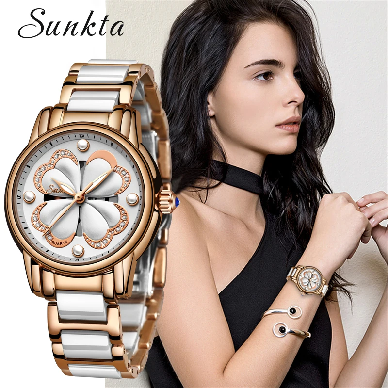 

SUNKTA Women Luxury Watch Female Rose Gold Elegant Diamond Ladies Quartz Wrist Watch Waterproof Ceramic Watch Reloj Mujer Gift
