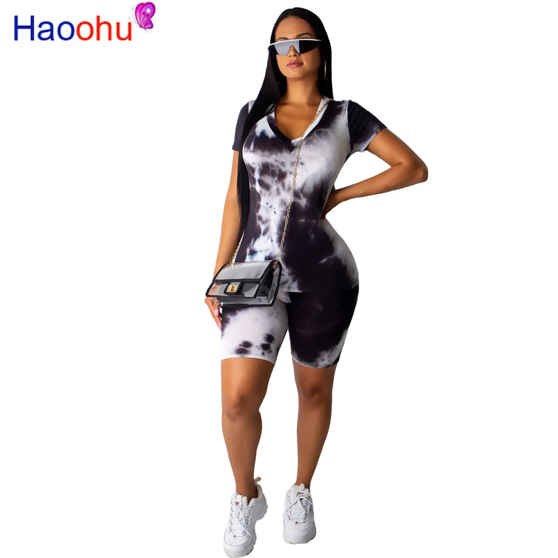 

HAOOHU Tie Dye Two Piece Set Tracksuit Women Summer Clothes Top and Bodycon Shorts Sweat Suit 2 Piece Outfits Matching Sets