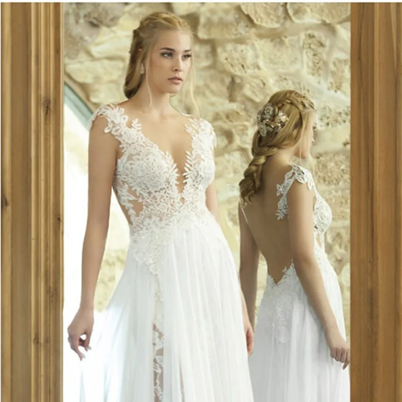 Сексуальная Line Свадебное Платье 2016 Глубокий V Шеи Спинки See Through Развертки Поезд