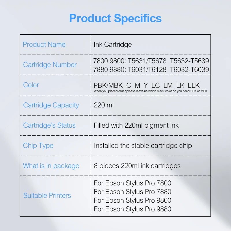 8 colores/conjunto T5631-T5639 T6031-T6039 Compatible cartucho de tinta para Epson Stylus Pro 7800, 7880, 9800, 9880, 220 ml/unid