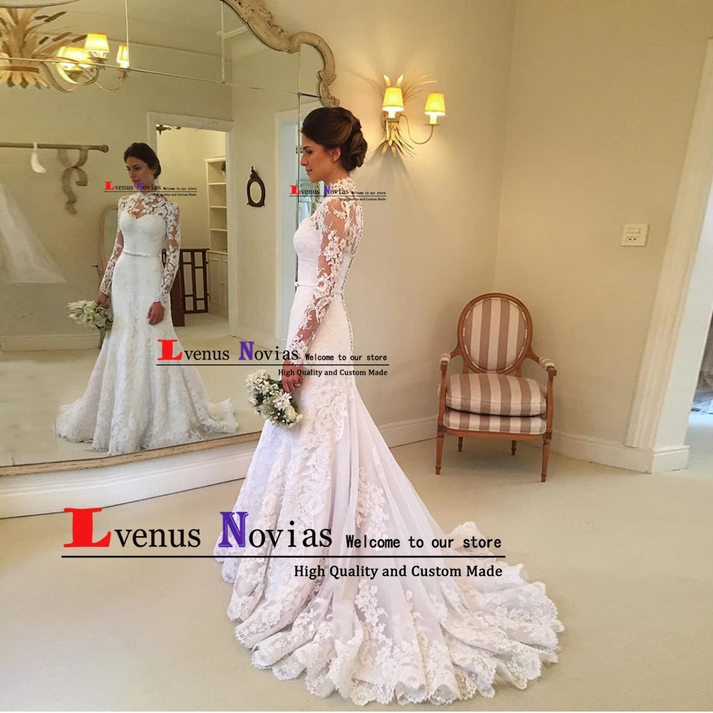 Vestido novia sirena старинные c высоким горлом с длинным рукавом Кружева свадебное платье