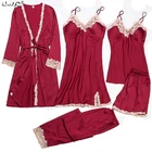 Пижама женская атласная с нагрудными подушечками, пикантная Пижама, кружевная шелковая домашняя одежда для сна, для отдыха, 5 предметов