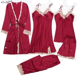 Пижама женская атласная с нагрудными подушечками, пикантная Пижама, кружевная шелковая домашняя одежда для сна, для отдыха, 5 предметов