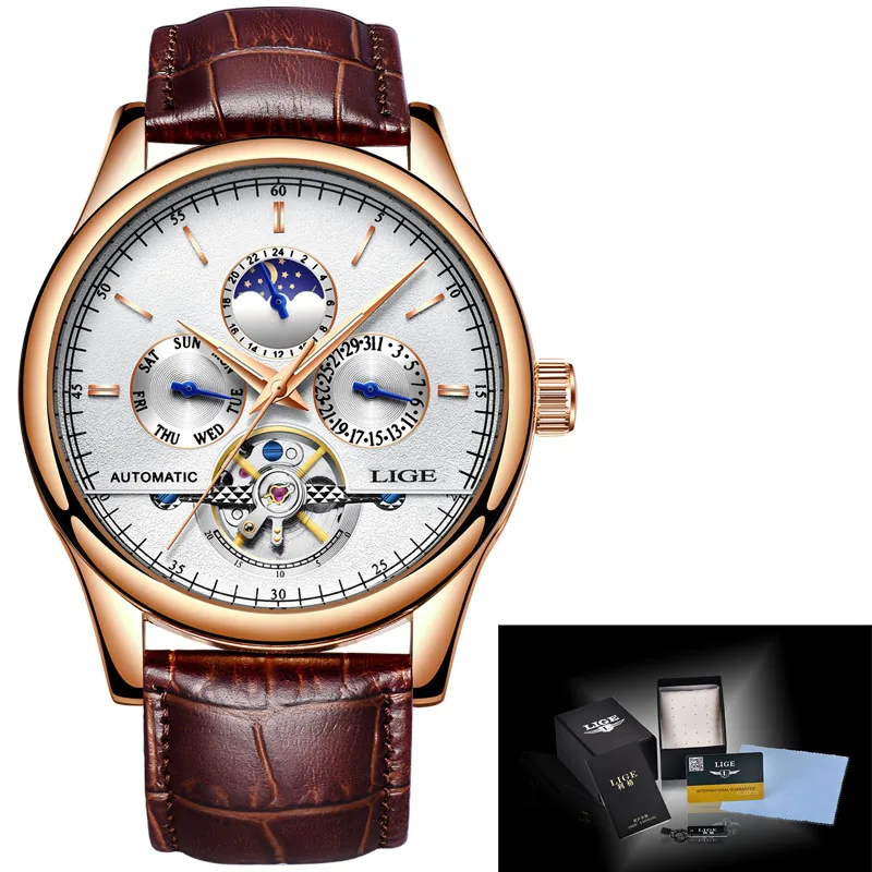 LIGE Брендовые мужские часы автоматические механические часы Tourbillon спортивные часы кожаные повседневные деловые часы в ретро-стиле Relojes Hombre - Цвет: L Gold white