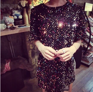 Женская футболка новинка 2015 высокой моды блестками длинный участок толстые