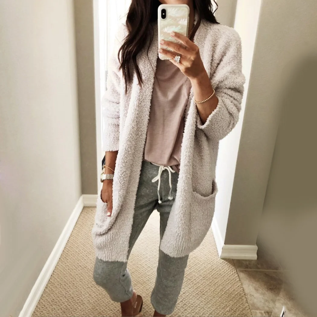 New Spring Autumn Fluffy Cardigan Women Sweater Teddy Fleece Loose Coat Sweaters Winter Plush Long Sleeve Pockets Ladies Jackets |