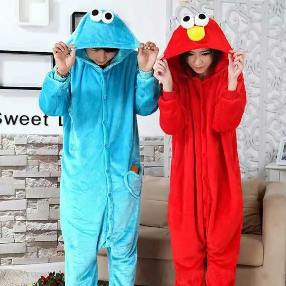 Blue Cookie Monster Red Sesame Street Elmo Onesies Animal Cosplay Costume Pajamas Adults One Piece Pyjamas Hooded Sleepwear