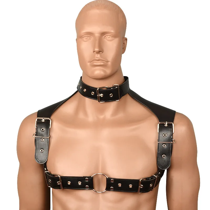 

Sexy Leather Armor Male Lingerie Adjustable Body Chest Harness Bondage Costume Shoulder Armors with Neck Collar Sex Toys for Men