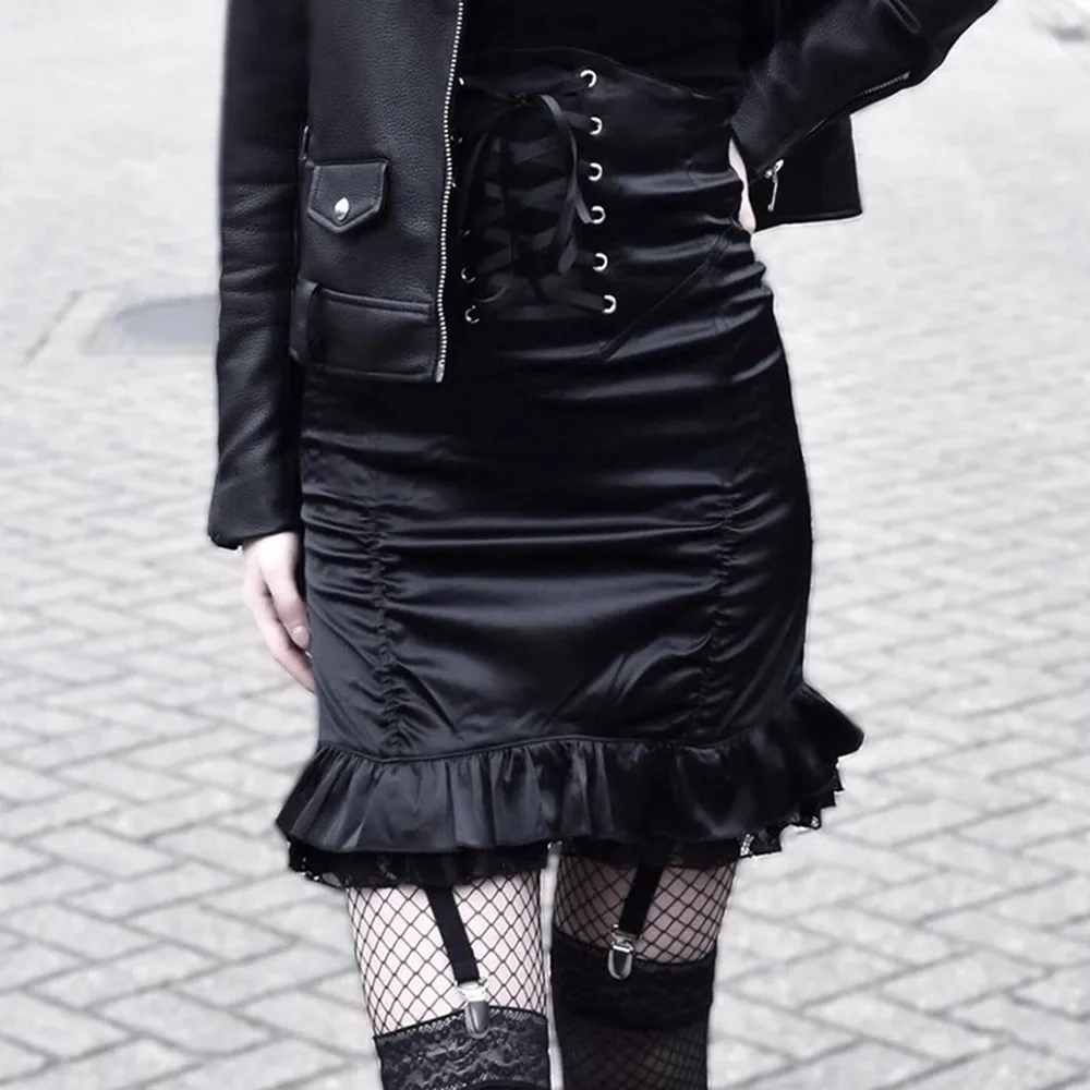 

Gothic Bodycon Skirt Women Autumn Stylish Lace Bandage Pleated Zipper High Waist Slim Ladies Party Club Sexy Goth Black Skirts