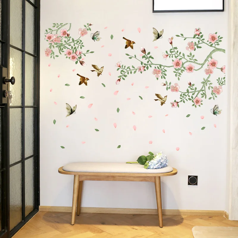 [Fundecoration] наклейки на стену с падающими цветами и птицами домашний декор для