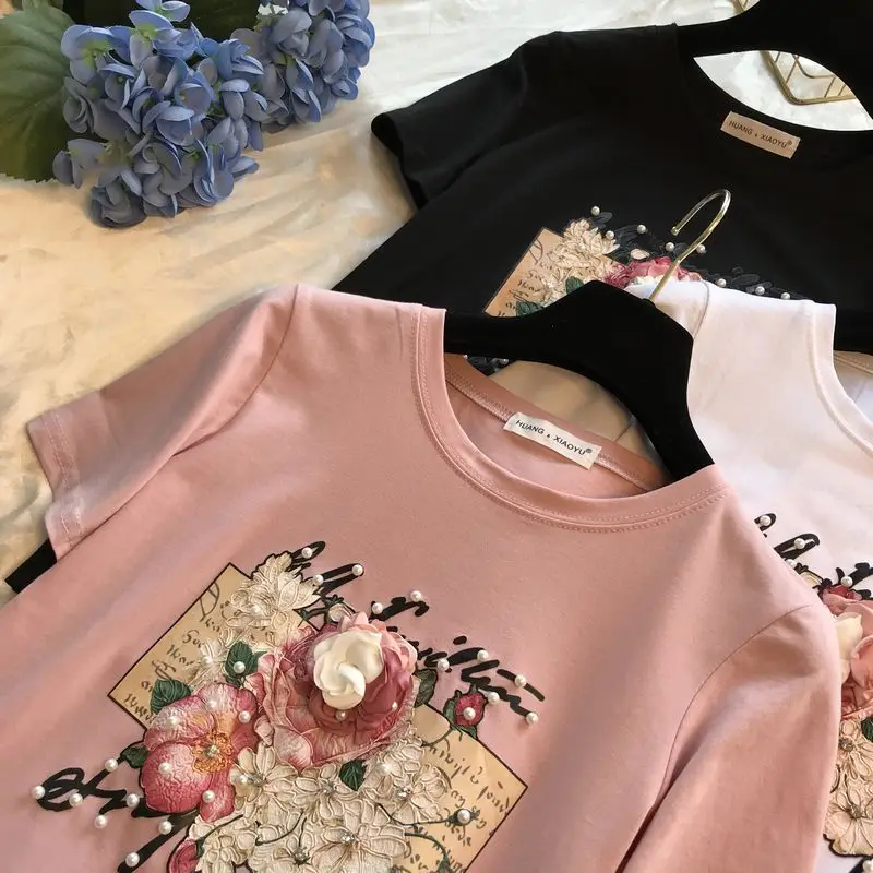 MUMUZI Модные женские футболки с цветочным принтом Kawaii, летние свободные футболки с короткими рукавами и круглым вырезом, повседневная одежда, розовые Топы Tumblr с бисером