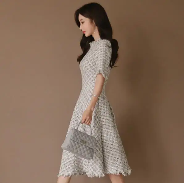 2019 Elegant Office Women Dress Tweed Vintage Short Sleeve Tassels Tunic Retro Lady Evening Party Midi Swing LM59 | Женская одежда