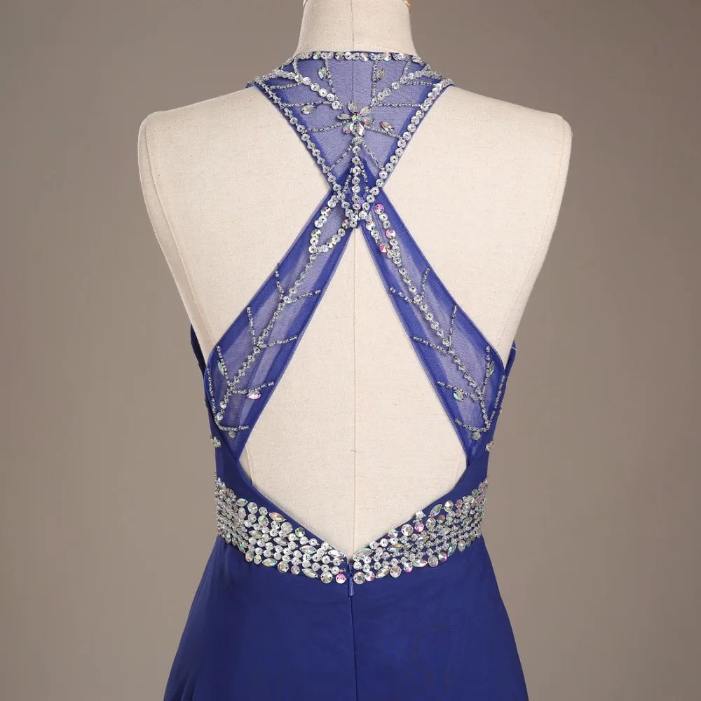 Королевский синий Длинные вечерние платья 2018 новая линия Кристаллы Baeded