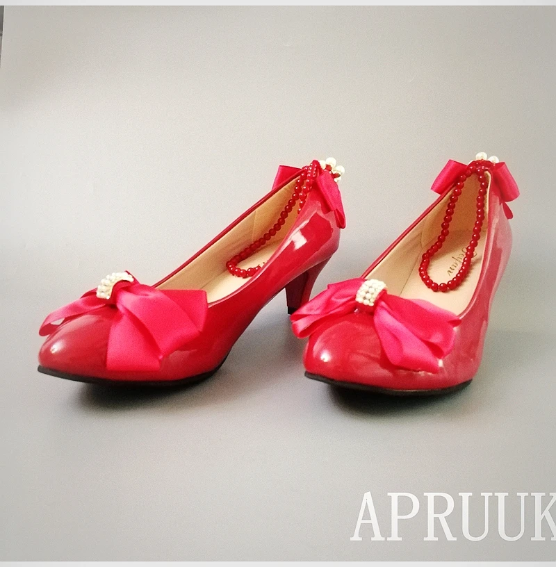 

RED pumps shoes for woman satin bow butterfly-knot ankle beading elastic band straps ladies girl party proms dress ceremony pump