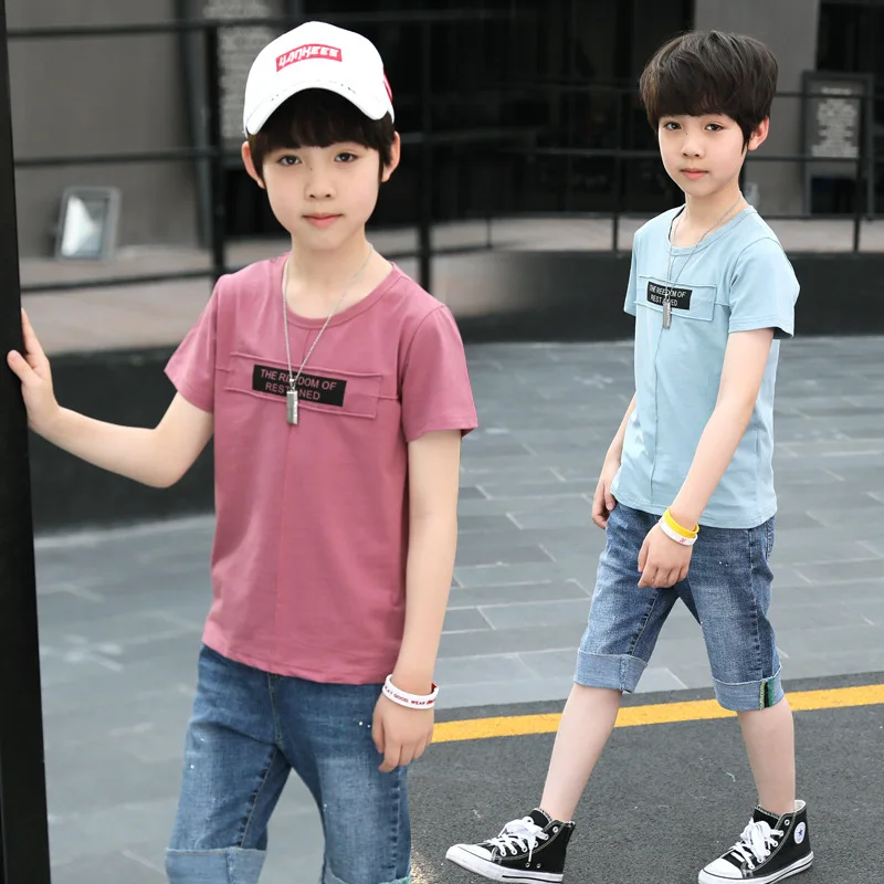 

2018 new big boy summer clothing set T-shirt+jeans pants kids boys 2pcs casual denim pant suit 4-14T