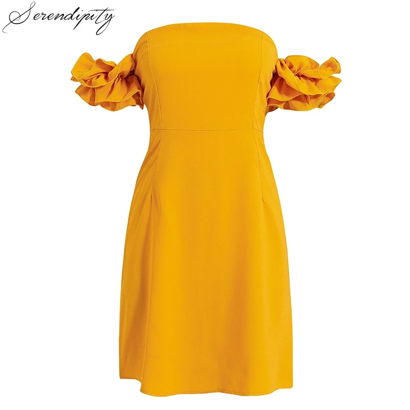 Женское мини-платье с открытыми плечами SRDP желтое однотонное платье без бретелек