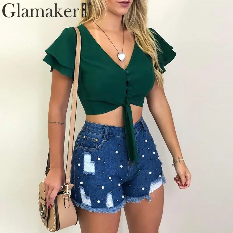 Glamaker шифоновый с v-образным вырезом рюшами сексуальный топ на бретелях для женщин
