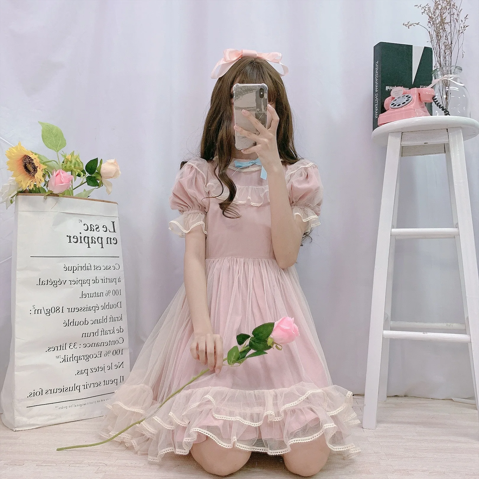 Японское платье лолиты для женщин Kawaii летнее мягкое милое Сетчатое платье феи с пышными рукавами