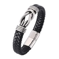 vintage charm leather bracelets for men black braided bracelet stainless steel clasp wristband male jewelry fashion gifts pw803
