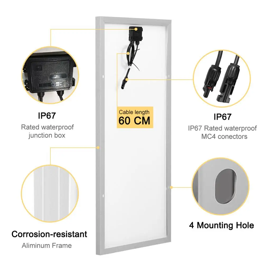 Kup Dokio 18V 100W Sztywny Panel Słoneczny Chiny 18V Krzem Monokrystaliczny Wodoodporny Panel Słoneczny Opłata 12V # DSP-100M