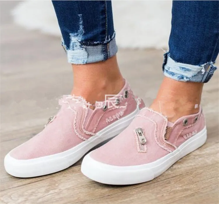 pink Летняя женская повседневная обувь с круглым носком; женские дышащие кроссовки; парусиновая обувь на платформе на молнии; женские джинсовые Лоферы без застежки; A448 - Цвет: pink