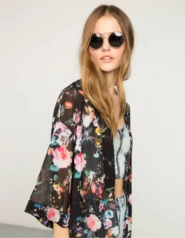Модное осеннее шифоновое кимоно с цветочным принтом кардиган Blusas Femininas длинное