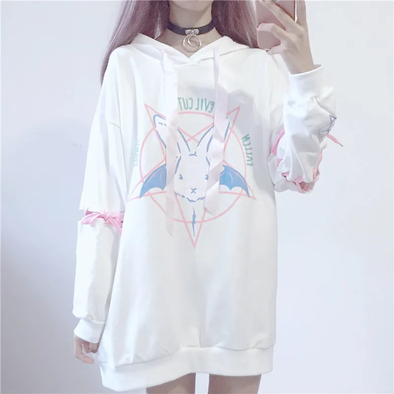 Ulzzang японский кавайный стиль длинные белые толстовки женские осенние корейские модные бандажные рукава Кролик печати Толстовка школьницы - Цвет: Белый