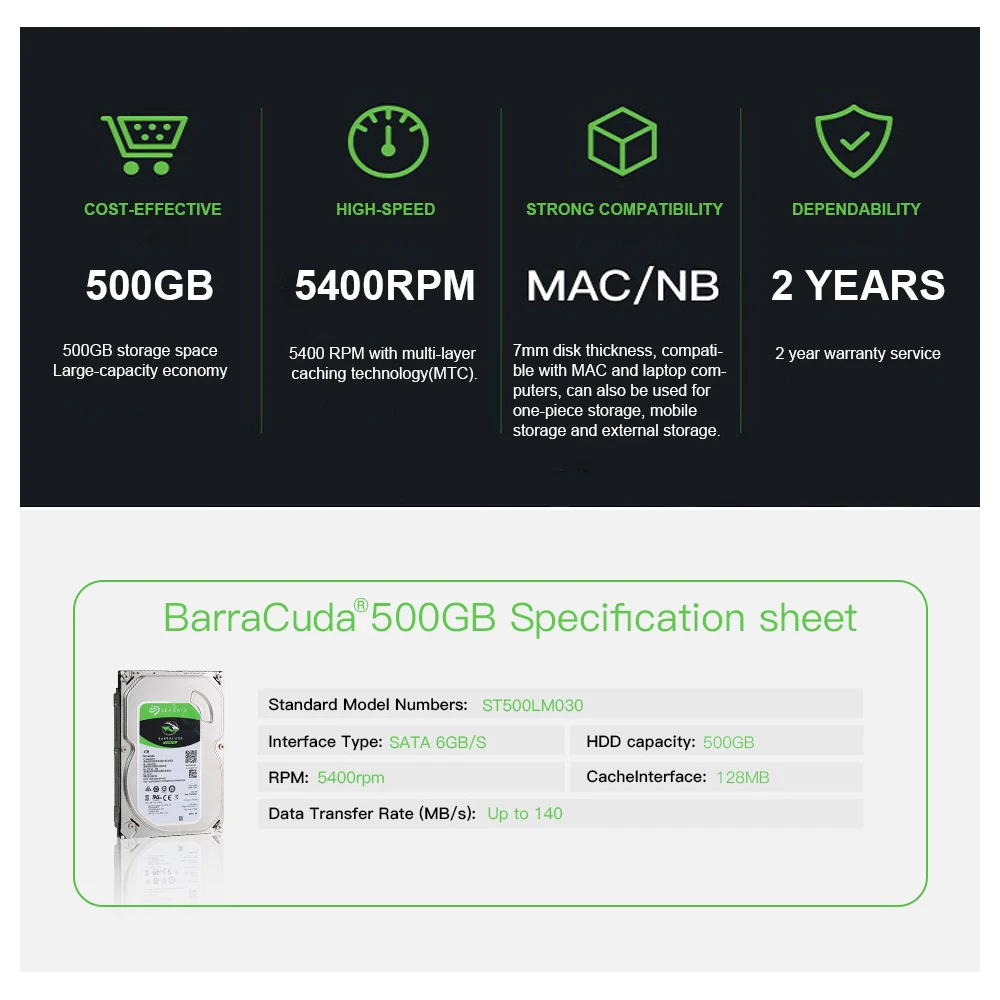 Seagate BarraCuda 500 ГБ SATA 6 ГБ/сек. HDD 2 5 дюймов 128 МБ кэш 5400 об/мин внутренний жесткий диск