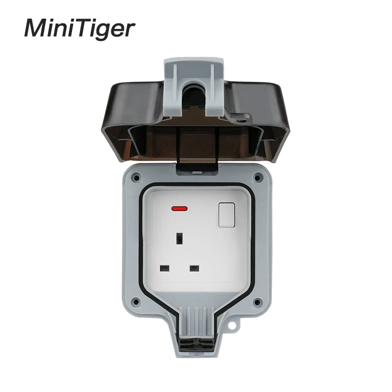 

Minitiger IP66 Weatherproof Waterproof Outdoor Wall Power Switched Socket 13A UK Standard British Electrical Outlet With Neon