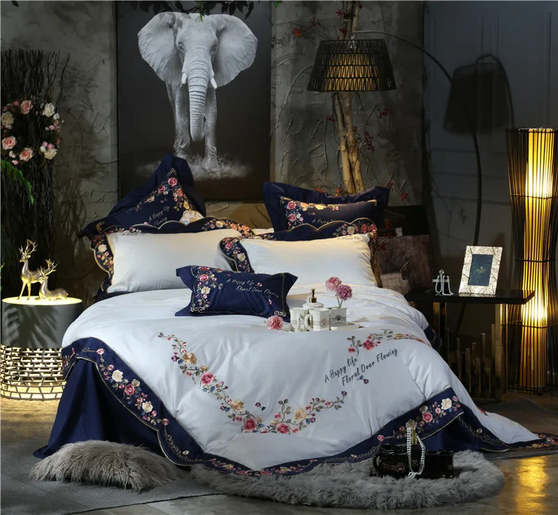 High-end Luxury Pastoral Flowers Embroidery 100S/800TC Blue 4/7pcs Egyptian cotton Bedding Set Duvet Cover Bed sheet Pillowcase | Дом и сад