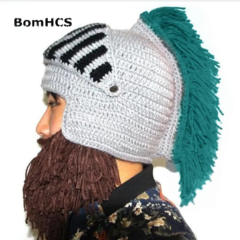PEACOCK BLUE TASSEL BomHCS забавные зимние теплые шапки с бородой для косплея Римский рыцарь вязаный шлем оригинальные варварские шапочки ручной работы мужские шапки - Цвет: PEACOCK BLUE TASSEL