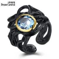 dreamcarnival 1989 neo gothic sea blue oval zirconia vintage ring for women black gold color bague femme wholesales wa11488