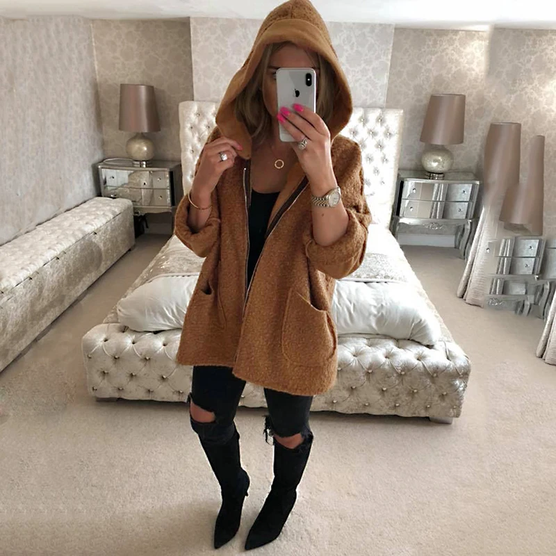 SHIBEVER New loose autumn women jacket fashion fur coat hooded Zipper causal black female Outerwear NDR96 | Женская одежда