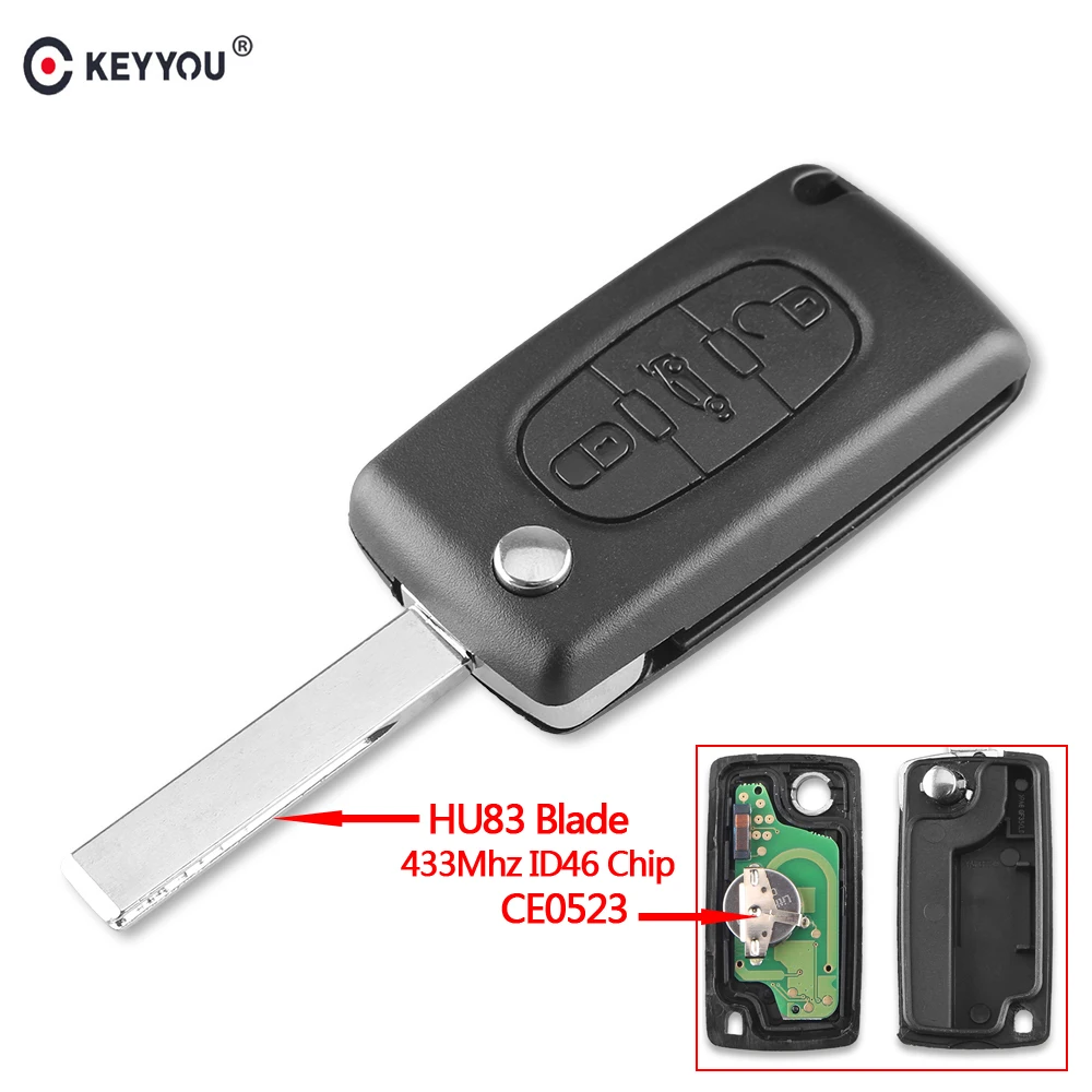 

KEYYOU 3 кнопки автомобильный чехол без ключа для входа раскладной дистанционный ключ 433 МГц для Peugeot 207 307 308 407 607 с лезвием HU83 CE0523