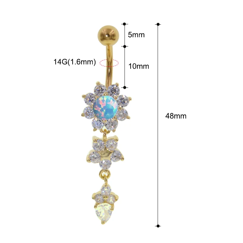 Огненный опал цветок подвеска для живота живот Женское кольцо золотого цвета