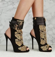hot sale studded rivets platform booties buckle strap peep toe women shoes plus size high heels summer ankle boots