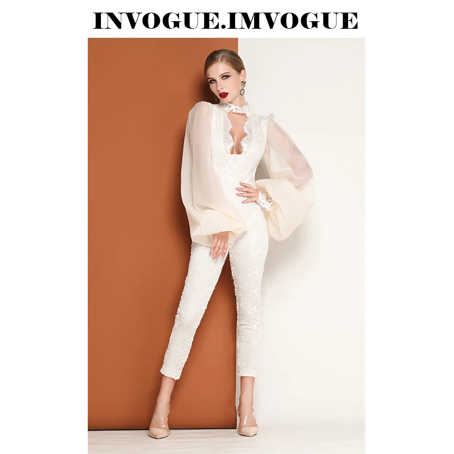 INVOGUE. Женский кружевной комбинезон с круглым вырезом и длинными рукавами ivogue