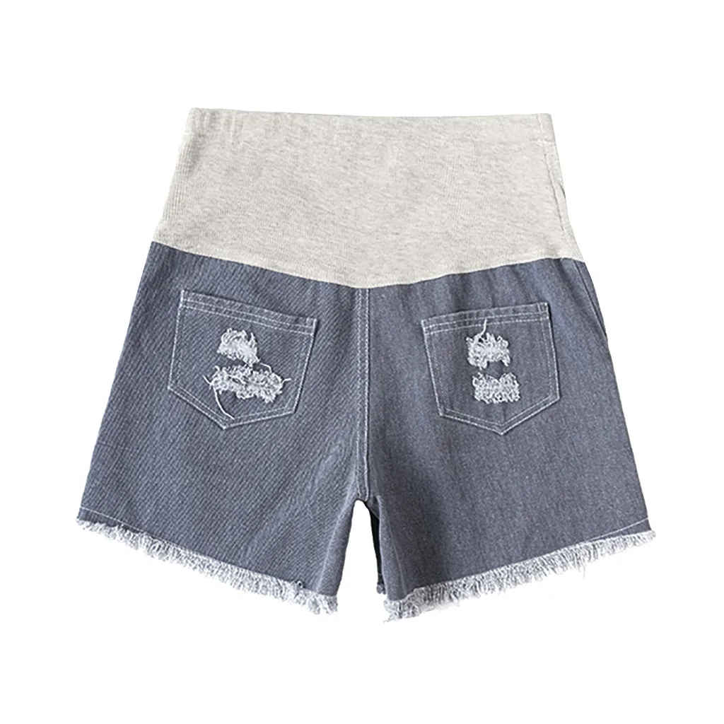 

Pregnant Women Summer Pocket Pregnancy Ripped Jeans Casual Solid Short Denim Pants Prop Belly Elastic Maternity Shorts Loose