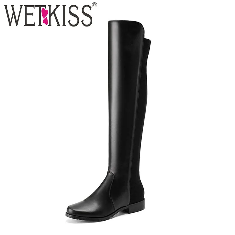 WETKISS/ г. Женские сапоги до колена высокого качества Стрейчевые женские сапоги для верховой езды женская обувь на низком квадратном каблуке осенне-зимняя обувь, большой размер