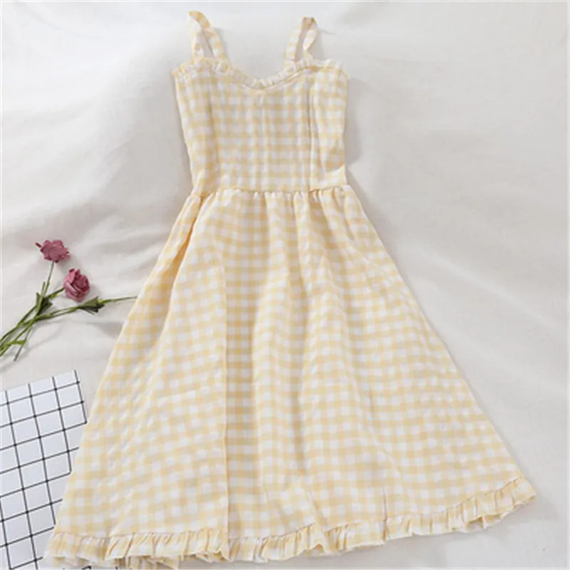 Летнее Стильное женское платье на бретельках сексуальное клетчатое с v образным