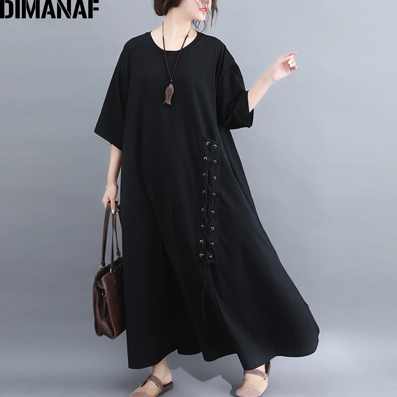 

Женское Макси-платье без отделки DIMANAF, длинный хлопковый сарафан свободного покроя, повседневное однотонное платье большого размера для ле...