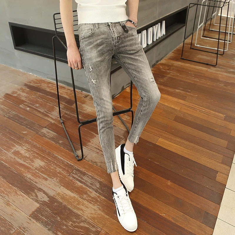 Новинка Весна 2019 мужские джинсовые брюки 9 точек приталенные с дырками