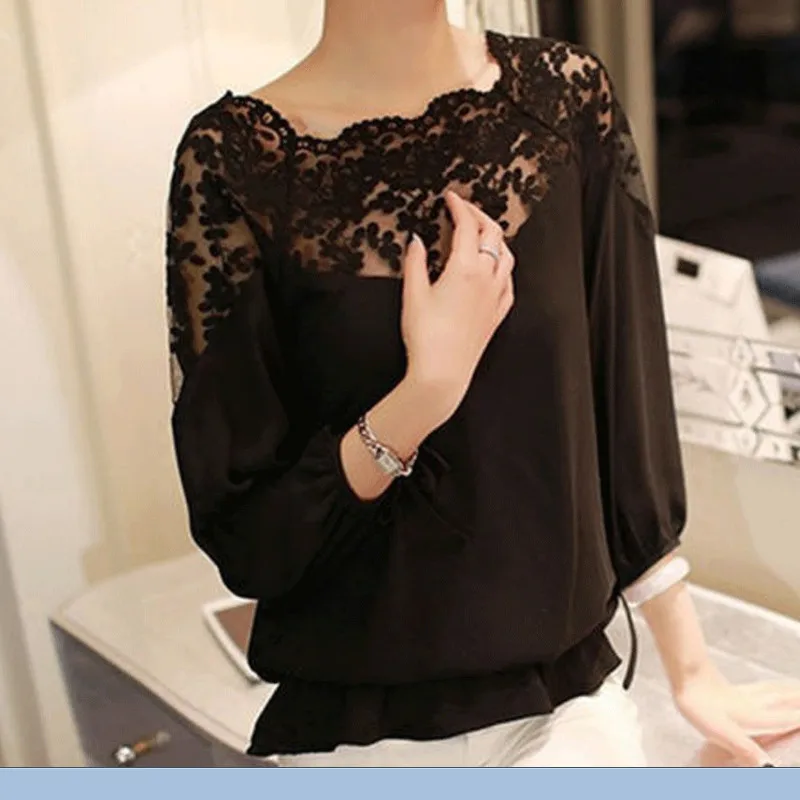 

Fashion Blouse Womens Lace Spliced Batwing Sleeve Solid Color Loose Short Tops Blouse Sexy Casual Shirt